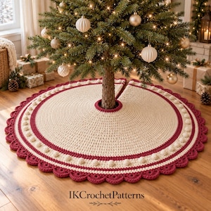 May include: A round, crocheted Christmas tree skirt in cream and deep red. The design features a central cream section, a wide red band with cream bobbles, and a scalloped red border. The text IKCrochetPatterns is printed at the bottom.