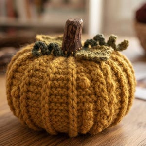 Può includere: Una zucca all'uncinetto color giallo senape con una superficie a coste testurizzata, dotata di un gambo in legno marrone scuro e due piccole foglie verdi all'uncinetto con viticci ricci fissati al centro della parte superiore dell'oggetto.