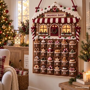 Virkmönster för adventskalender med pepparkaksbakverk, nedräkning till jul med 24 fickor (digital nedladdning)