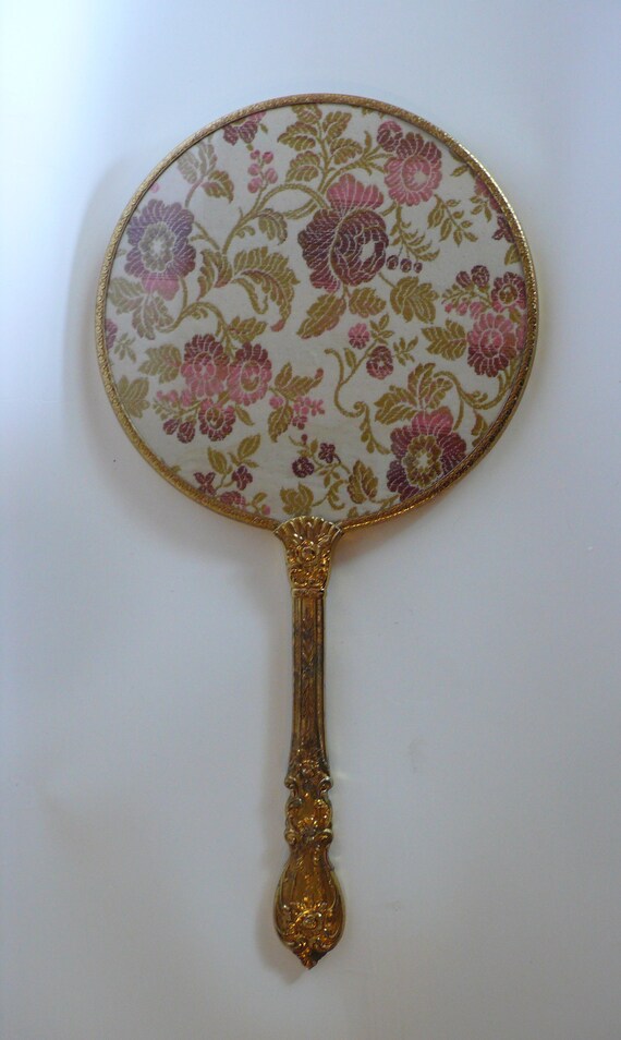 Vintage Hand Mirror Vanity Set Tapestry Back Material Gold