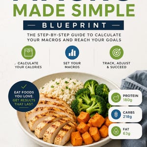 May include: A nutritional guide titled The Macro Made Simple Blueprint featuring text on calculating calories, macros, and tracking success. A plate of grilled chicken, rice, broccoli, and sweet potatoes is shown with protein 180g, carbs 218g, and fat 63g.