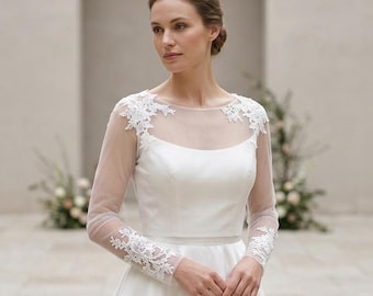 Lace Tulle Bridal Bolero, Ivory Long Sleeve Wedding Dress Topper, Sheer Floral Lace Cover Up,Button Back Bridal Jacket,Elegant Wedding Shrug