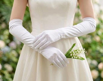 Long Satin Bridal Gloves, White Wedding Gloves, Elbow Length Opera Gloves, Elegant Bridal Accessory, Formal Evening Gloves