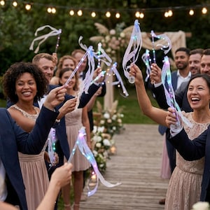 May include: A collection of light-up wedding wands featuring clear plastic handles, thin LED-illuminated stems, and long white ribbons. Each wand emits a soft glow in various colors, held aloft by individuals in formal attire during an outdoor event.