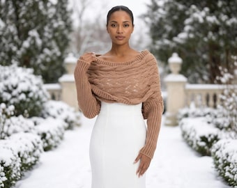 Wedding Scarf With Sleeves, Bridal Shrug Cardigan, Knit Bridal Wrap, Boho Wedding Bolero, Wrap Sweater Women, Winter Bridal Cover Up
