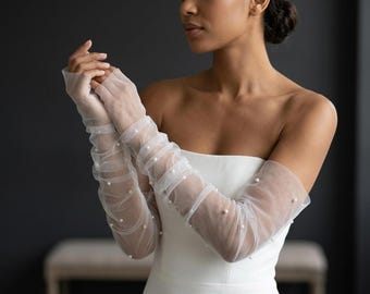 Pearl Bridal Sleeves, Long Sheer Tulle Fingerless Wedding Gloves, Detachable Bridal Arm Sleeves, Wedding Dress Accessories