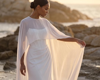 Cape de mariée longue en mousseline, voile de mariée transparent, étole de mariée, cape pour robe de mariée, cape de mariée longue jusqu'au sol, voile de mariée minimaliste