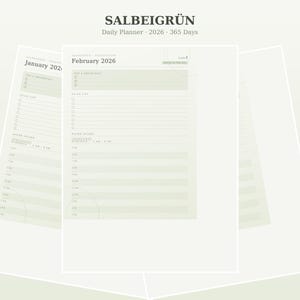 Könnte beinhalten: Eine Tagesplaner-Seite mit dem Titel SALBEIGRÜN Daily Planner 2026 365 Days. Die Seite zeigt den Februar 2026 mit Abschnitten für Prioritäten, Aufgabenliste, Wasseraufnahme und einen Zeitplan von 5 bis 21 Uhr in hellem Salbeigrün.