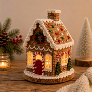 Könnte beinhalten: Ein gehäkeltes Lebkuchenhaus mit brauner Struktur, weißem Zuckerguss-Besatz, roter Tür und bunten Bonbon-Akzenten. Das Haus verfügt über einen Schornstein, Fenster mit warmer Innenbeleuchtung und kleine grüne Tannenbäume an den Seiten.