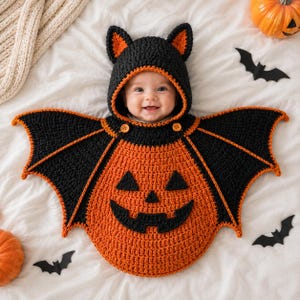 May include: A crochet baby poncho designed as a bat and pumpkin hybrid. The garment features a black hood with pointed ears, orange bat wings, and a central orange pumpkin body with a black jack-o'-lantern face. Two orange buttons secure the neck.