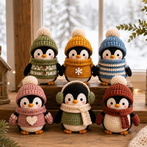 Può includere: Sei statuine di pinguini all'uncinetto disposte su due file. La fila superiore presenta pinguini con cappelli e maglioni invernali verdi, gialli e blu. La fila inferiore mostra pinguini con accessori invernali rosa, verdi e rossi, inclusi sciarpe e paraorecchie.
