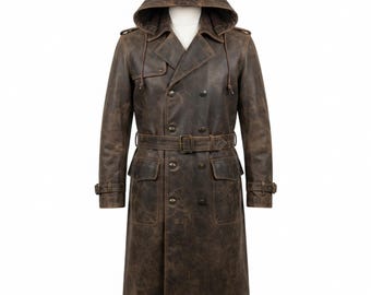 Brown Distressed Leather Trench Coat with Hood, Hooded Gothic Coat, Vintage Style Long Leather Coat, Halloween Costume , Unisex Leather Coat