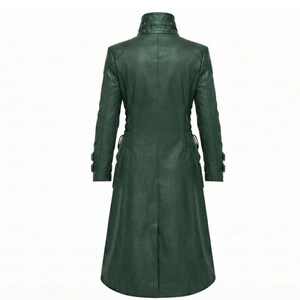 May include: A dark green long coat featuring a high collar with multiple snap button closures, long sleeves with buckled cuffs, and a structured silhouette. The coat has a smooth finish and vertical seam detailing extending from the shoulders to the hem.