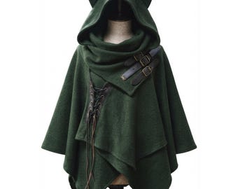 Fantasy-Wollponcho-Kostüm, mittelalterlicher Kapuzenumhang, Unisex-Umhang, Renaissance-Cosplay-Outfit, Wikinger-inspirierter Wollponcho | Renaissance-Festival