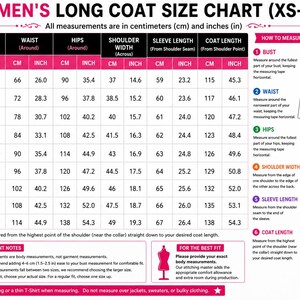 Peut inclure: Un tableau des tailles pour un manteau long, allant du XS au 5XL. Le tableau affiche le buste, la taille, les hanches, la largeur d'&eacute;paule, la longueur de manche et la longueur du manteau en centim&egrave;tres et en pouces. Inclut des sch&eacute;mas de mesure.
