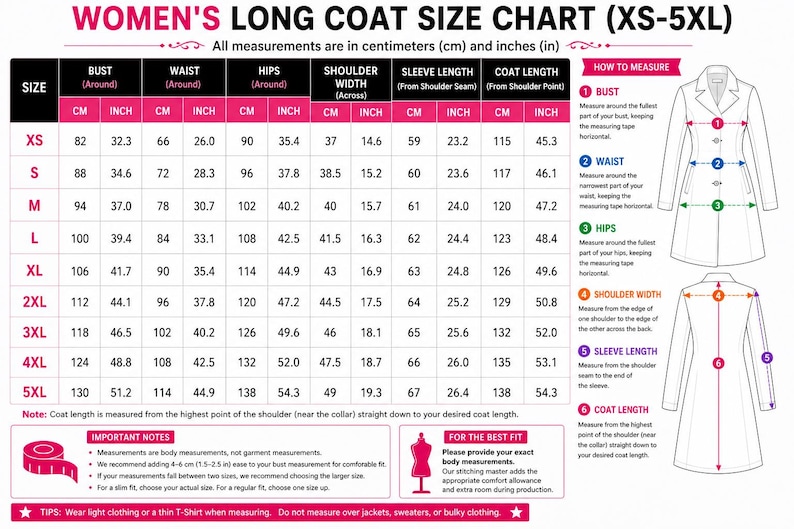 Peut inclure: Un tableau des tailles pour un manteau long, allant du XS au 5XL. Le tableau affiche le buste, la taille, les hanches, la largeur d'&eacute;paule, la longueur de manche et la longueur du manteau en centim&egrave;tres et en pouces. Inclut des sch&eacute;mas de mesure.