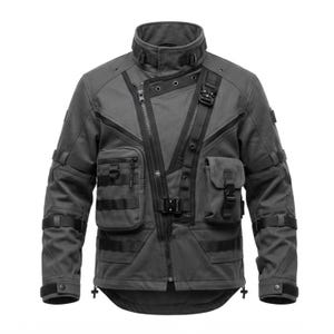 May include: A dark gray tactical jacket featuring a high collar, an asymmetrical front zipper, and multiple utility pockets. The garment includes adjustable straps on the sleeves, a front buckle closure, and integrated webbing loops for storage.