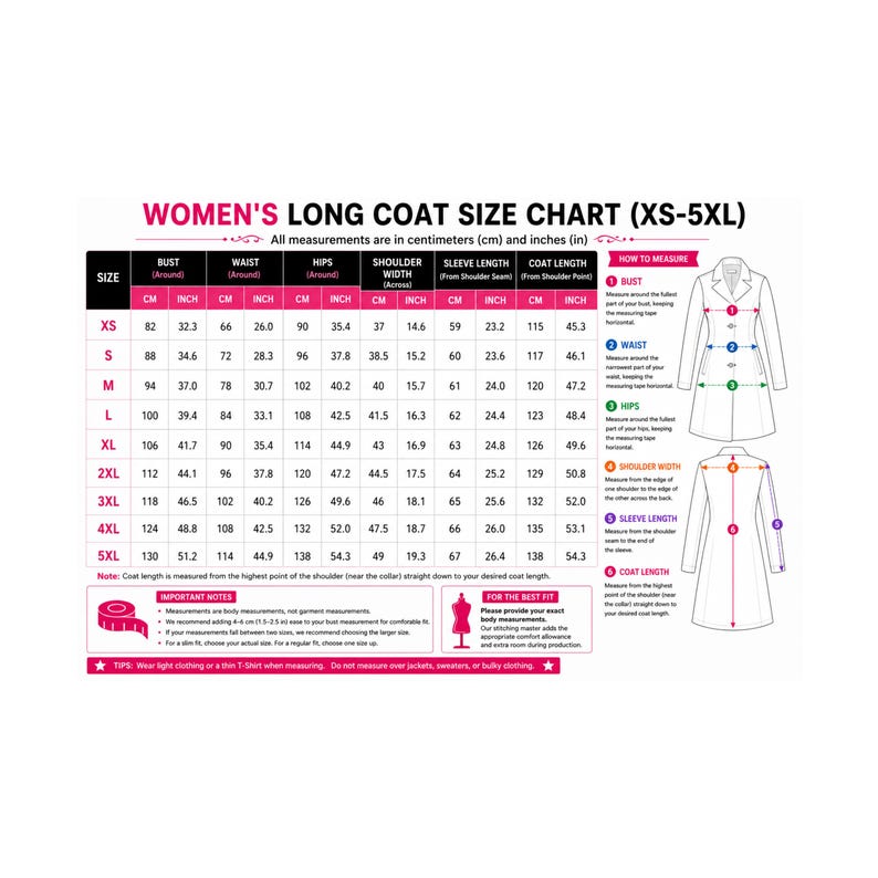 May include: A long coat size chart for sizes XS through 5XL, featuring a table with bust, waist, hips, shoulder width, sleeve length, and coat length measurements in centimeters and inches, alongside a diagram illustrating how to measure.