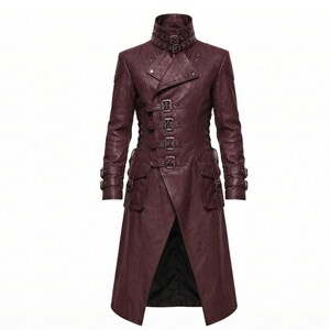 May include: A long, dark burgundy coat featuring a high collar with double buckle straps, a front closure with four horizontal buckle straps, long sleeves with double buckle cuffs, and two large flap pockets on the front with buckle details.