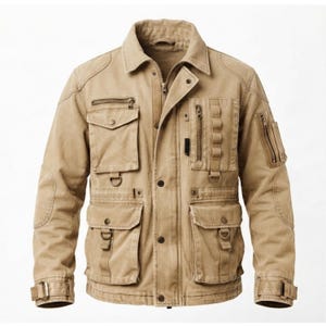 May include: A tan utility jacket featuring a collared neckline, a front zipper closure with a snap-button placket, multiple chest and waist pockets with flaps, vertical zippered compartments, D-ring attachments, and adjustable buckled cuffs.