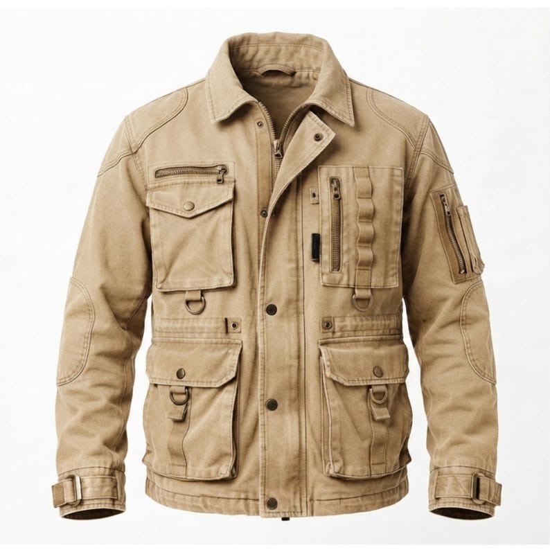 May include: A tan utility jacket featuring a collared neckline, a front zipper closure with a snap-button placket, multiple chest and waist pockets with flaps, vertical zippered compartments, D-ring attachments, and adjustable buckled cuffs.