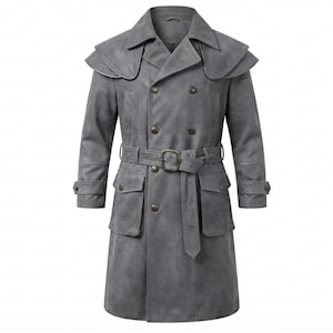 Gray Veteran Ranger Coat Suede – Fallout NCR Inspired Duster Coat – Slate Gray Long Wasteland Trench Coat – Unisex Cosplay Jacket