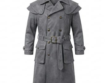 Gray Veteran Ranger Coat Suede – Fallout NCR Inspired Duster Coat – Slate Gray Long Wasteland Trench Coat – Unisex Cosplay Jacket