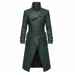 May include: A dark green long coat featuring a high collar with two buckles, a front closure with four prominent metal buckles, long sleeves with buckled cuffs, and two side pockets. The coat has a structured design with visible stitching.