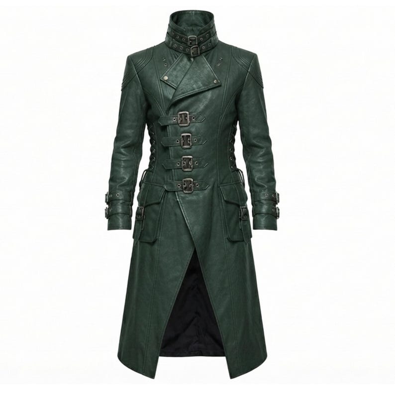 May include: A dark green long coat featuring a high collar with two buckles, a front closure with four prominent metal buckles, long sleeves with buckled cuffs, and two side pockets. The coat has a structured design with visible stitching.