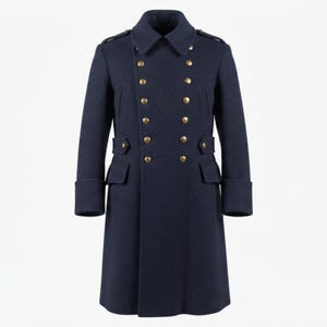 May include: A navy blue double-breasted coat featuring a structured collar, shoulder epaulets, and two rows of metallic gold buttons. The coat includes a waist belt detail with side buttons, two flap pockets, and wide cuffs on the long sleeves.