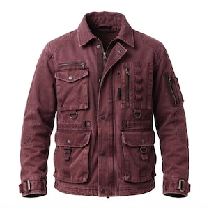May include: A maroon utility jacket featuring a collared neckline, a full-length front zipper with a snap-button placket, multiple chest and waist pockets with flaps, vertical zippered pockets, D-ring attachments, and adjustable buckled cuffs.