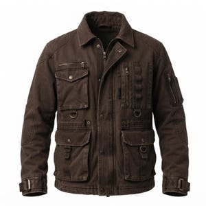 May include: A dark brown utility jacket featuring a collared neckline, a full-length front zipper with a snap-button placket, multiple chest and waist pockets, integrated D-rings, vertical zippered compartments, and adjustable buckled sleeve cuffs.