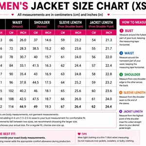 May include: A jacket size chart for sizes XS to 5XL, featuring a table with bust, waist, shoulder, sleeve, and jacket length measurements in centimeters and inches. Includes a diagram illustrating how to measure bust, waist, shoulder, sleeve, and jacket length.