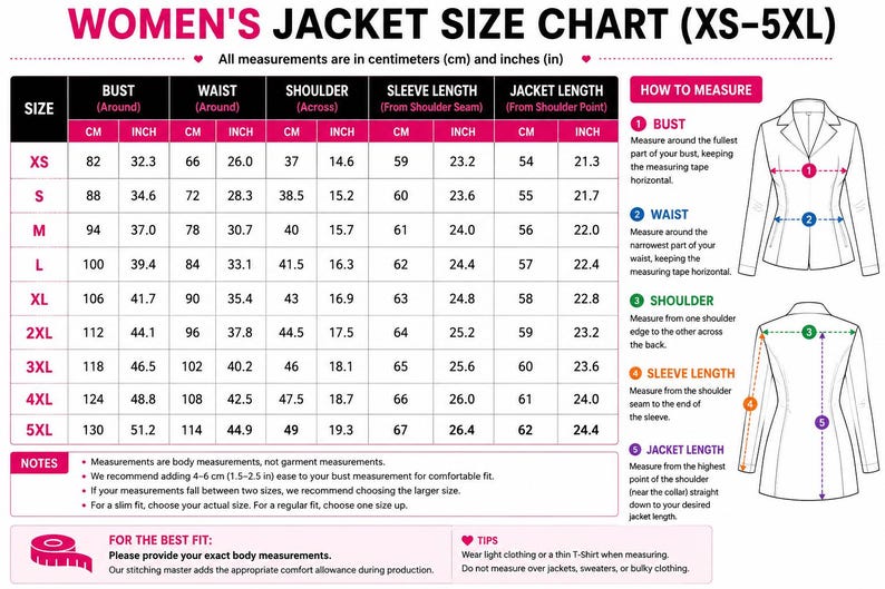 May include: A jacket size chart for sizes XS to 5XL, featuring a table with bust, waist, shoulder, sleeve, and jacket length measurements in centimeters and inches. Includes a diagram illustrating how to measure bust, waist, shoulder, sleeve, and jacket length.