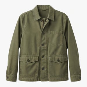 May include: An olive green utility jacket featuring a classic collar, a button-down front closure, one chest pocket, and two large lower pockets with buttoned flaps. The long sleeves have buttoned cuffs, and the fabric has a visible twill texture.
