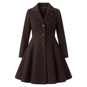May include: A dark brown coat featuring a structured collar, long sleeves, and a fitted bodice that transitions into a flared, pleated skirt. The front closure consists of four dark circular buttons aligned vertically along the center placket.