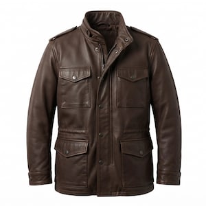 May include: A dark brown leather jacket featuring a stand-up collar, a front zipper closure with a snap-button placket, four front flap pockets with snap buttons, shoulder epaulets, and snap-button cuffs on the long sleeves.