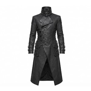 May include: A black long coat featuring a high collar with double buckle straps, a front closure with four horizontal buckle straps, two large flap pockets at the hips, and buckle straps on each sleeve cuff, all in a textured matte finish.