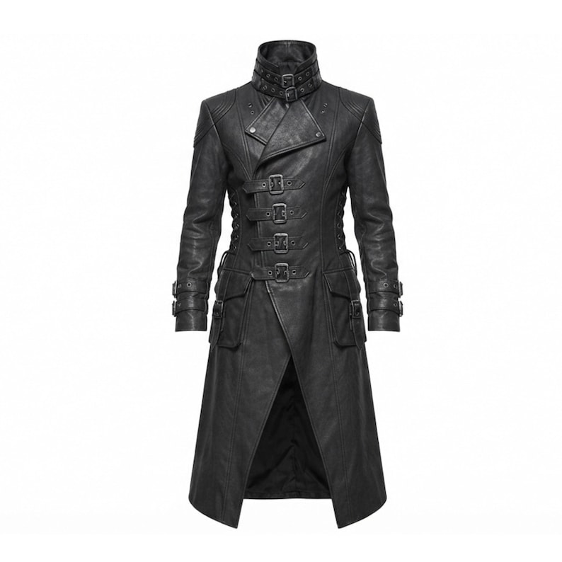 May include: A black long coat featuring a high collar with double buckle straps, a front closure with four horizontal buckle straps, two large flap pockets at the hips, and buckle straps on each sleeve cuff, all in a textured matte finish.