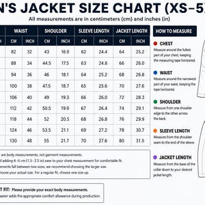 May include: A jacket size chart titled MEN'S JACKET SIZE CHART (XS-5XL) featuring a table with columns for chest, waist, shoulder, sleeve length, and jacket length in centimeters and inches, alongside a diagram illustrating how to measure.