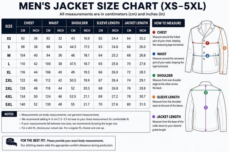 May include: A jacket size chart titled MEN'S JACKET SIZE CHART (XS-5XL) featuring a table with columns for chest, waist, shoulder, sleeve length, and jacket length in centimeters and inches, alongside a diagram illustrating how to measure.