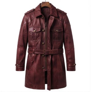 Burgundy Veteran Ranger Long Trench Jacket – Premium Leather Duster Coat | Unisex Western Military Ranger Jacket | Custom Fit - Halloween