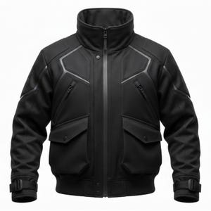 May include: A black jacket featuring a high collar, a central zipper closure, and two large flap pockets on the front. The garment includes structured paneling across the chest and shoulders, along with adjustable buckle straps at the sleeve cuffs.