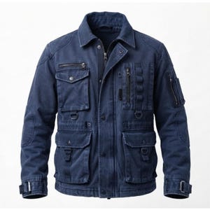 May include: A dark blue utility jacket featuring a collared neckline, a full-length front zipper with a snap-button placket, multiple chest and waist pockets with flaps, vertical zippered pockets, D-ring attachments, and adjustable buckled cuffs.