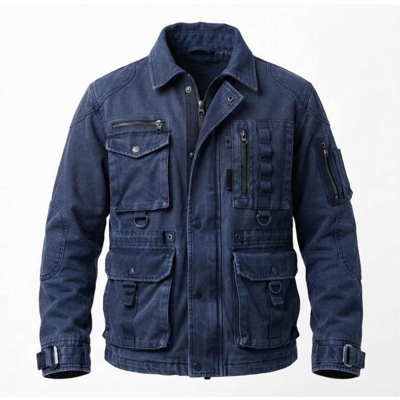 May include: A dark blue utility jacket featuring a collared neckline, a full-length front zipper with a snap-button placket, multiple chest and waist pockets with flaps, vertical zippered pockets, D-ring attachments, and adjustable buckled cuffs.