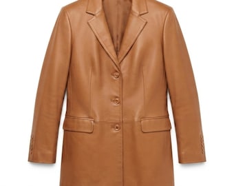 Tan Leather Blazer Unisex – Genuine Leather Blazer for Men & Women – Tailored Fit Formal Coat Custom Made