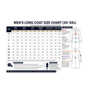May include: A size chart for a long coat, titled LONG COAT SIZE CHART (XS-5XL), featuring a table with measurements in centimeters and inches for chest, waist, hips, shoulder width, sleeve length, and coat length, alongside a diagram showing how to measure.