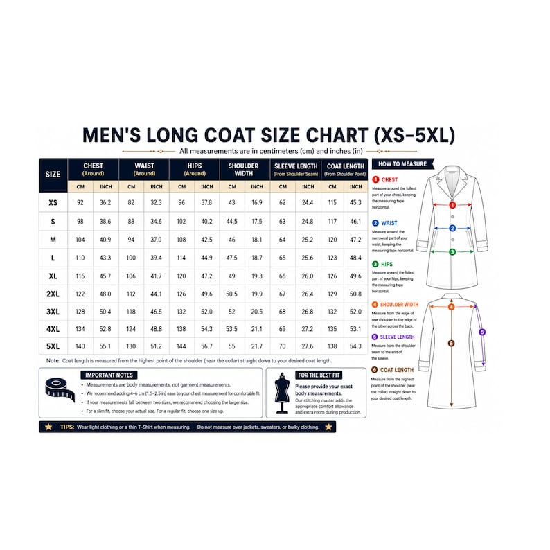 May include: A size chart for a long coat, titled LONG COAT SIZE CHART (XS-5XL), featuring a table with measurements in centimeters and inches for chest, waist, hips, shoulder width, sleeve length, and coat length, alongside a diagram showing how to measure.
