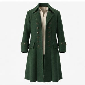 May include: A long, dark green coat featuring a double-breasted front with two rows of metallic buttons, a wide collar, and folded cuffs. The coat is worn over a light beige shirt with a V-neckline, creating a layered appearance.