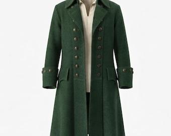 Green Pirate Trench Halloween Coat – Long Wool Swashbuckler Coat | Medieval Pirate Costume | Unisex Cosplay Long Coat | Custom Fit Jacket